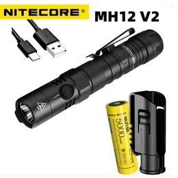 Lampes de poche torches Nitecore MH12 V2 Tactical 1200 Lumens XP-L2 V6 LED USB-C RECHARGAGE Military Lantern Camping avec NL2150