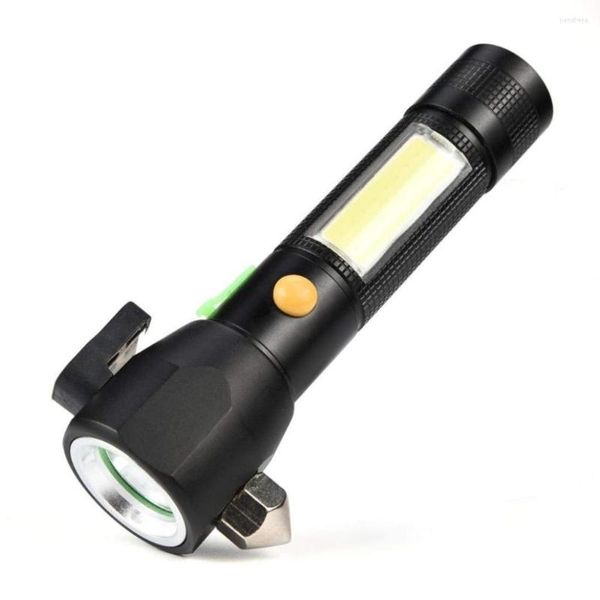 Linternas Antorchas PANYUE LED Antorcha Táctica 5 Modos XPE COB Luz con herramienta de emergencia Martillo Cargador USB 18650 para bicicleta