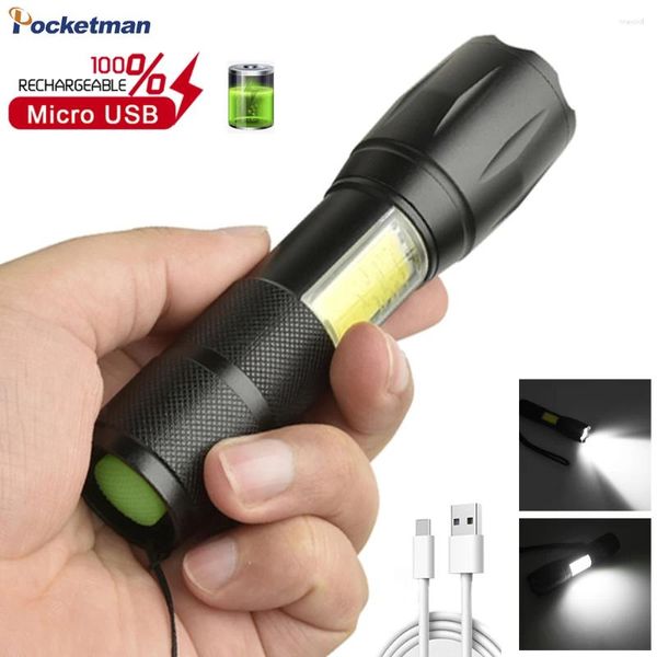 Torches de lampes de poche Pocketman Cob LED 4 Modes d'éclairage USB Tourche de zoom imperméable rechargeable pour la chasse au camping à vélo