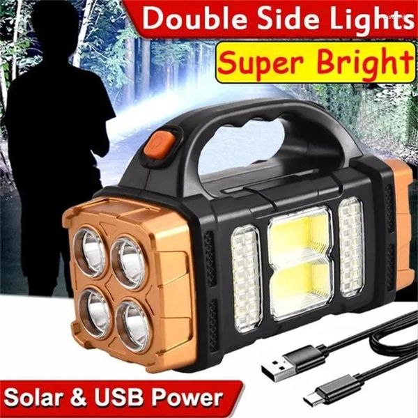 Linternas Antorchas Linterna LED Solar Potente portátil con Luces de Trabajo COB USB Recargable de Mano 4 Modos de iluminación Antorcha para Exteriores