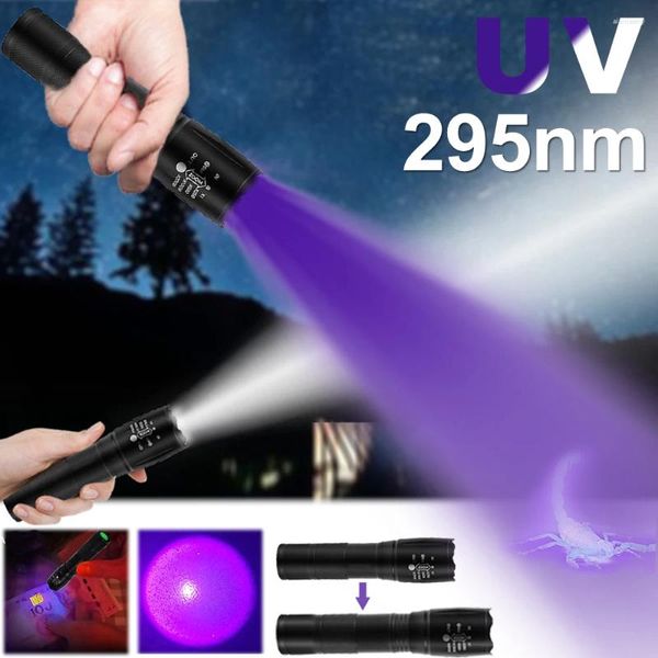 Linternas Antorchas Púrpura Blanco Luces duales Linterna Antorcha ultravioleta Zoom Retráctil UV Detección de agente fluorescente Lámpara portátil