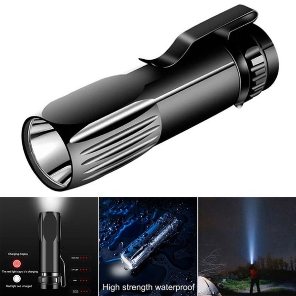 Lampes de poche torches SecurityIng Mini porte-stylo portable LED forte lumière 4 modes en alliage d'aluminium USB charge 14500 batterie au lithium