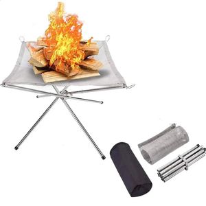 Lampes de poche Torches en acier inoxydable Camping en plein air feu de camp support de feu pliable maille fosse poêle à bois cadre jardin arrière-cour barbecue feu de camp 231118