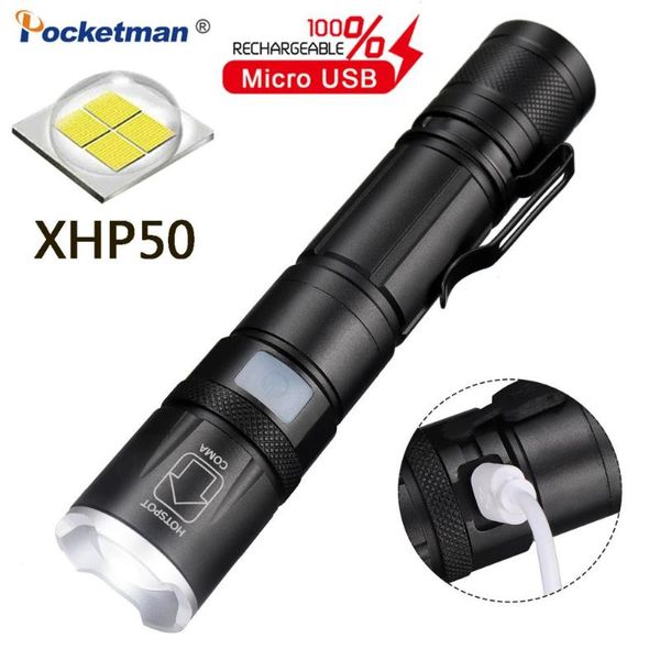 Linternas Antorchas Luz fuerte LED Linterna XHP50 Zoom Antorcha Exterior Portátil Impermeable Linterna con portalápices