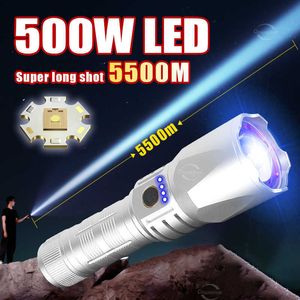 Lampes de poche Torches Super Bright 500W Lampes de poche LED haute puissance XHP360 Lampe de poche sur la batterie 18650 Lampe torche rechargeable Éclairage 5500M Power Bank 0109