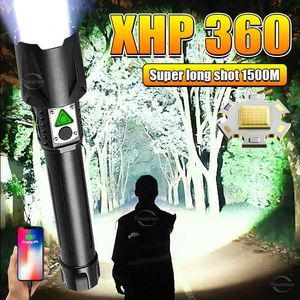 Lampes de poche Torches Super lumineux XHP360 lampe de poche lampe rechargeable lampe torche zoom 800 m haute puissance lampe de poche LED avec chargeur USB batterie externe 0109