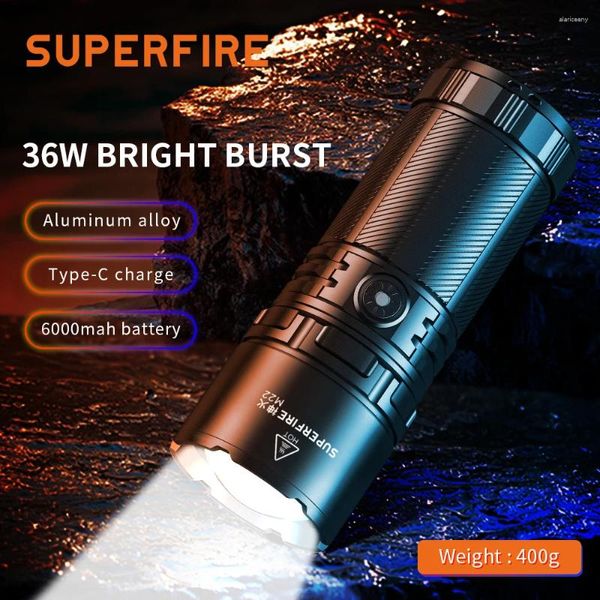 Linternas Antorchas SuperFire Potente linterna de largo alcance 400M 36W Lámparas LED M22 Antorcha con zoom telescópico Tipo-c Recargable 8000mAh