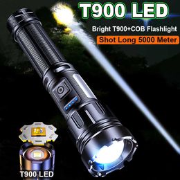 Linternas Antorchas T900 Potente linterna LED 5000 metros Antorcha Luz dura Linternas tácticas 21700 Batería Regulable Impermeable Lámpara de tiro largo L221014