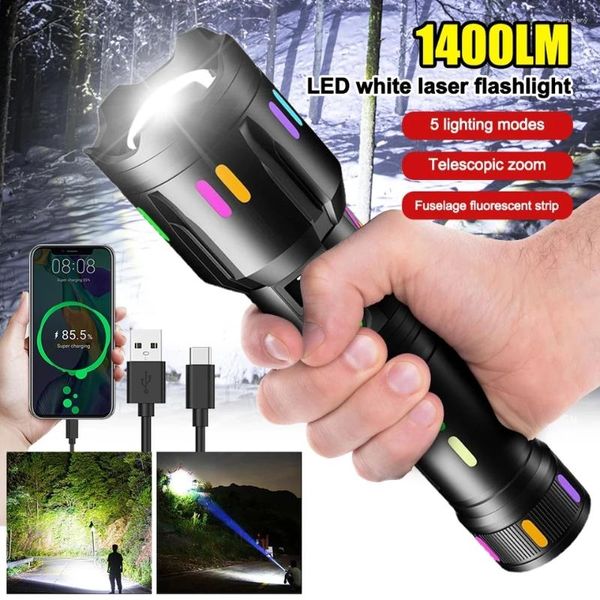 Lampes de poche Torches Lampe de poche tactique zoomable 1400LM 500 mètres torche de randonnée laser longue portée TYPE-C recherche fluorescente rechargeable