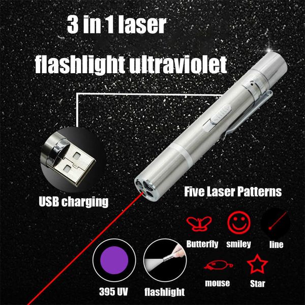 Linternas Antorchas Tres en uno Acero inoxidable Mini Uv Led Linterna 395 Multi-patrón Láser infrarrojo Usb Carga directa Detección de emergencia 0109