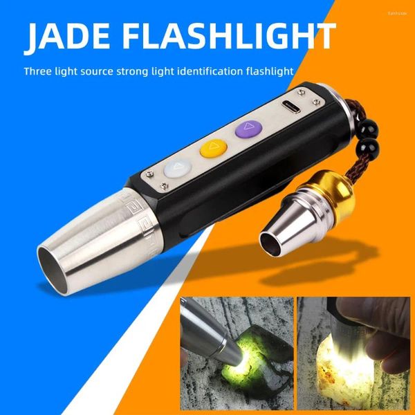 Lampes de poche Torches USB Charge Jade Identification 3 Couleur Lumière Gem Bijoux Lampe Mini Torche LED Camping Étanche En Plein Air