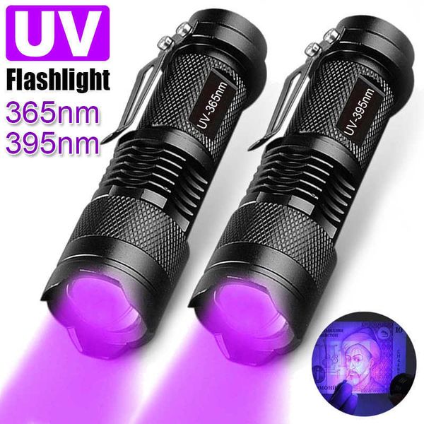 Linternas Antorchas Linterna UV LED Antorcha ultravioleta Zoomable Mini Luces ultravioleta 395 / 365nm Lámpara de inspección Detector de manchas de orina para mascotas Herramientas P230517