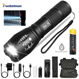 Zaklampen fakkels XMLT6 LED tactische oplaadbare waterdichte fakkelgebruik 18650 batterij voor camping 230228