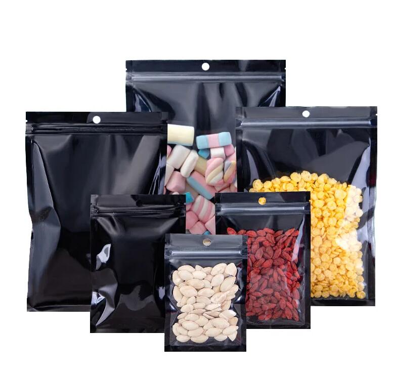 Flat Black Clear Front Plastic Snack Packaging Bag Resealable Sugar Candy Data Line Spice Cereals Coffee Beans Storage Pouches