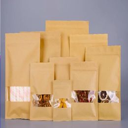 Qumuk Sac d'emballage en papier kraft à fond plat avec fenêtre transparente et fermeture éclair, pochettes refermables de rangement pour cadeaux en poudre de café