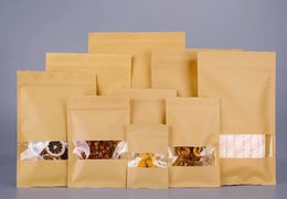 Platte bodem kraftpapier helder venster ritssluiting met ritssluiting verpakking zak hersluitbare koffiepoeder cadeau opslag zakjes