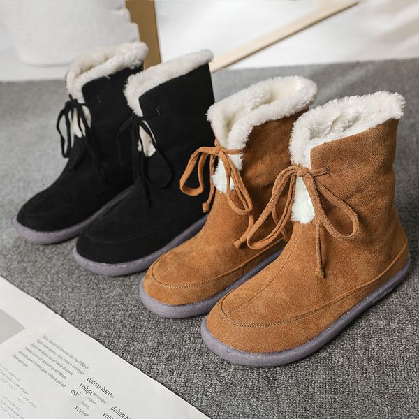 Bottes moyennes à fond plat à lacets pour femme, chaussures en coton, noires et brunes, baskets de sport de plein air en hiver