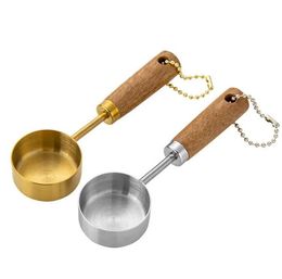 Cuillère à mesurer à fond plat en acier inoxydable, avec manche en bois, tasse à mesurer suspendue de 14ml, outils de mesure de cuisine, cuisson