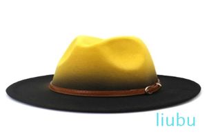 Chapeau dégradé à bords plats, ceinture marron, peinture en aérosol, imitation laine, feutre, chapeau de Jazz, Style Panama, pour femmes et hommes