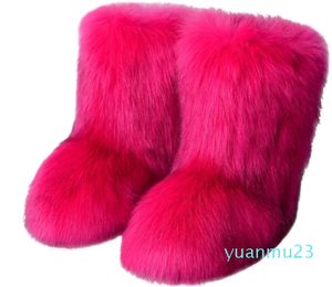 Botas altas de piel de invierno cálidas con tacón plano y boca profunda, cabeza redonda, medio barril, pelo de zorro sintético, botas furia de nieve para mujer