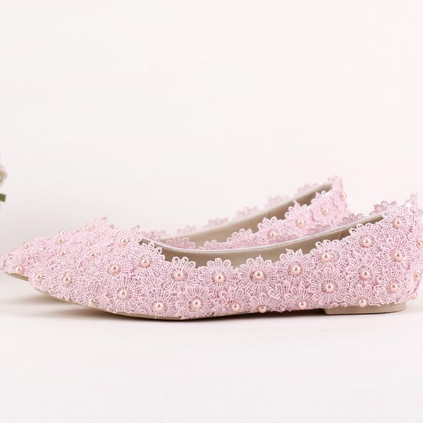 Tacones planos, zapatos de novia con flores de perlas y encaje, zapatos de baile para fiesta de boda con punta estrecha, hermosos zapatos de dama de honor para mujer Flats279O