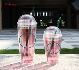 Couvercle plat 710 ml 24 oz tasse à double paroi en plastique transparent avec paille avec tasses à café couvercle vert noir 240113