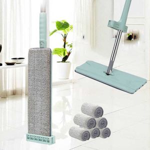 Flat Mop Gratis Hand Wassen Roestvrijstalen Handvat Home Huis Office Cleaning Tool Microfiber Pad Keuken Vloer Schoon 210805