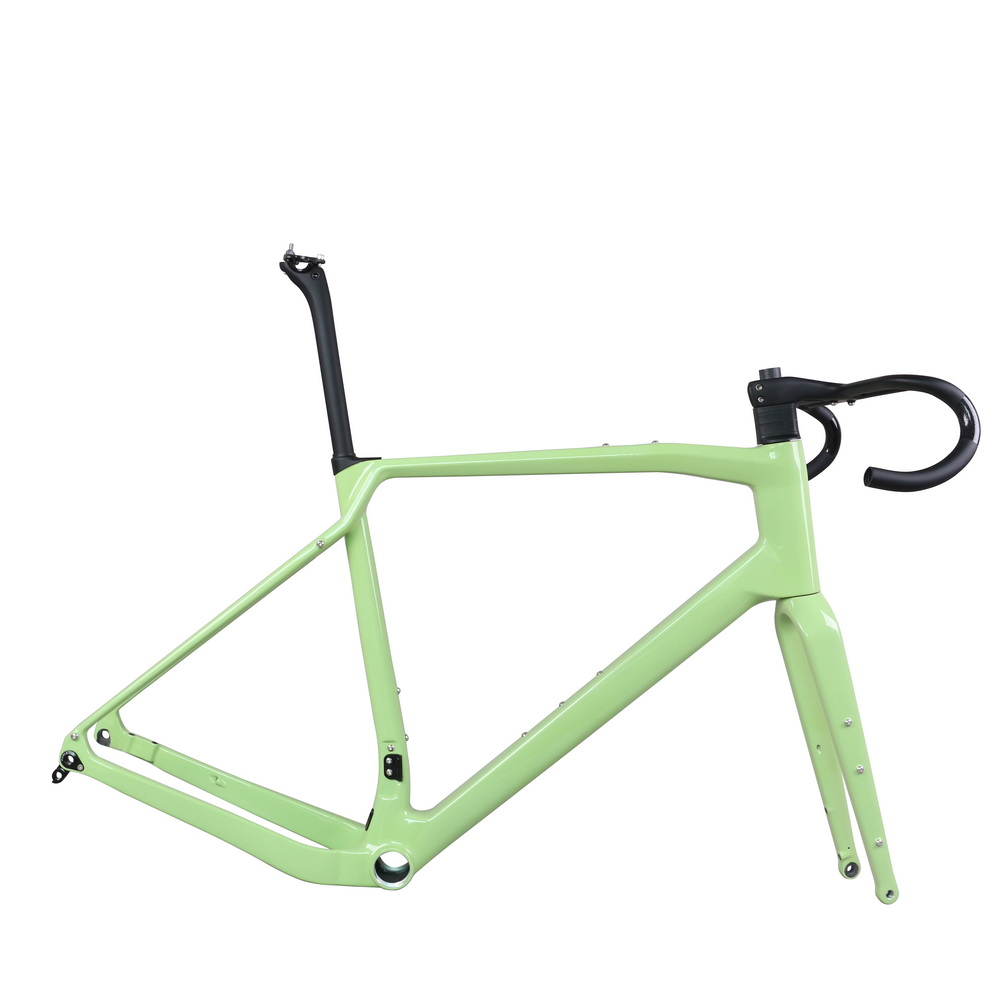 Telaio bici da ghiaia con freno a disco piatto GR047 Fibra di carbonio T1000 T47 Manubrio integrato Vernice personalizzata verde chiaro