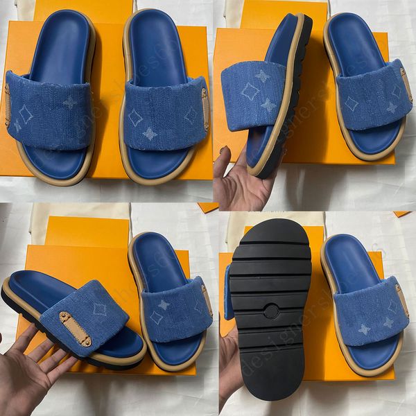 Piscina plana comodidad mula almohada mula placa confort piscina almohada mula sandalia 1acjvh azul mezclilla sandalias para mujer sandalias zapatillas de letrero