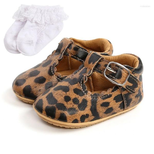 Zapatos planos 2023 moda bebé niño niña leopardo PU cuero suave suela niños pequeños calcetines dos piezas 0-18M