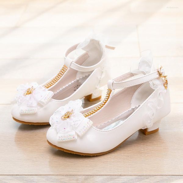Zapatos planos de 3, 5 y 12 años, zapatos de tacón alto con lazo de cristal para niña, vestido de princesa de boda blanco para baile, fiesta de primavera para niños, cuero