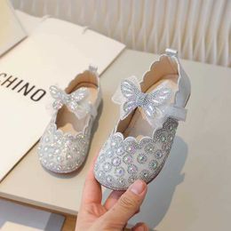 Flat Shoes Herfst Fashion Pearl Bow Rhinestone Childrens Flats Little Girl Shoes Heel Kids Princess H240504