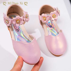 Flat Shoes Children's For Girl Spring Nieuwe prinses Leer Leer Fashion Cute Bow Rhinestone Trouwschoenen Student Party Dance P230314
