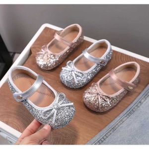 Platte schoenen mode babymeisje prinses schoenen kristallen pailletten schattige boog childrens appartement Mary Jane Little Girl casual dansschoenen Q240523