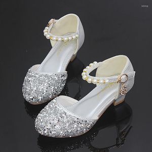 Chaussures plates fleur enfants enfants princesse cuir pour filles école paillettes paillettes haut talon rose argent fête robe de mariée