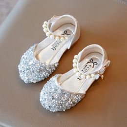Chaussures plates Girl's Mary Janes Chaussures Spring Sequins perle les enfants couvertures simples TOE 21-36 Toddler Dance Kids Princess Flats 231219