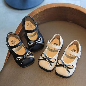 Flat Shoes Girls Bowtie Mary Janes Square Toe Leather Princess White Black Kids Flats Children Party Dance Shoe