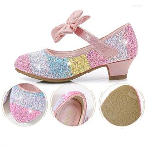 Chaussures plates filles couleur correspondant chaussure en cuir princesse cristal enfants bout rond semelle souple talon haut mode arc Mary Jane rose