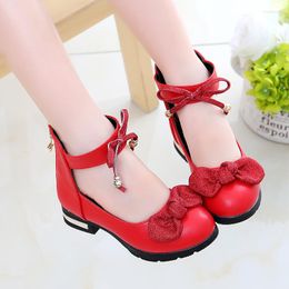 Flat Shoes Girls High Heel Leather School for Kids Princess Dress Truding Sneakers Fashion Bow Children E466