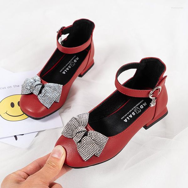 Chaussures plates filles talons hauts enfants moyens enfants Performance cuir formel paillettes nœud princesse doux Chic Squre