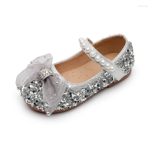 Chaussures plates filles en cuir robe de soirée dansante pour enfants princesse strass paillettes perles perles nœud papillon enfants appartements 23-34