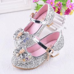 Chaussures plates filles en cuir avec talon mode paillettes strass nœud papillon sandales enfants princesse danse taille 26-37 SW005