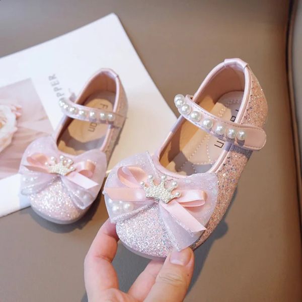 Chaussures plates chaussures de mariage filles princesse couronne mary janes chaussures perles plates plats enfants chaussures en cuir enfants