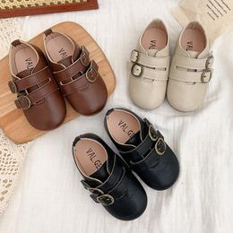 Platte schoenen Kids Oxford Double Buckle Leather Girls Casual Boys Sneakers Anti-Slip High Top Flats Baby Child Peuters