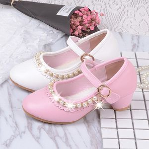 Platte schoenen roze witte kinderen hoge hakschoen voor kinderen meisjes trouwfeest leer casual mode kralen prinses hakken elegant