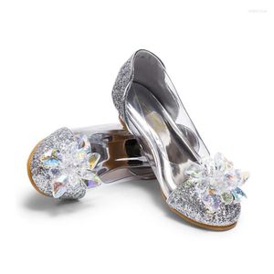 Zapatos planos Princesa Niños Cuero Cristal Para niñas Flor Casual Brillo Niños Tacón alto 2023 Nudo de mariposa