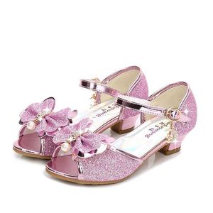 Platte schoenen prinses kinderen leren schoenen voor meisjes bloem casual glitter kinderen hoge hiel vlinder knoop blauw roze zilver h240504