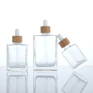 Platte vierkante rechthoek luxe 15 ml 30 ml 50 ml 100 ml 4 oz glazen druppelflesje met bamboe druppelaar dop voor serum essentiële olie