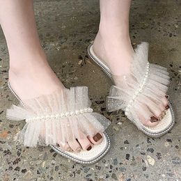 Flat String rimocy perle Mesh Slippers Femme Fashion Summer Fashion Transparent PVC Jelly Flip Flops Woman Outdoor Party Shoes Mujer 2 23 3