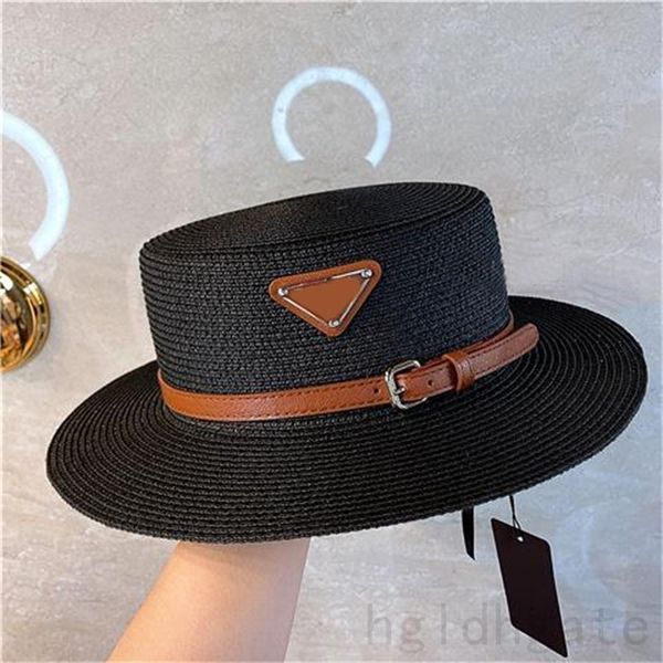 Sombrero de paja de playa con parte superior plana, cappello de verano con cinturón fino, triángulo creativo, casqueta simple, color natural, gorras de diseñador para hombres, moda PJ066 H4